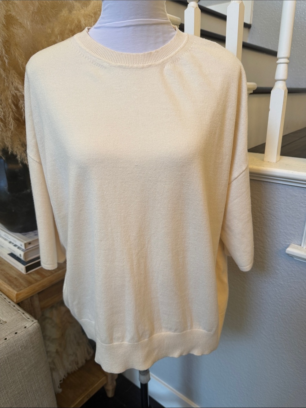 KUJTEN Cream Oversized Short Sleeve Crew Neck Sweater, 2-threads SZ M